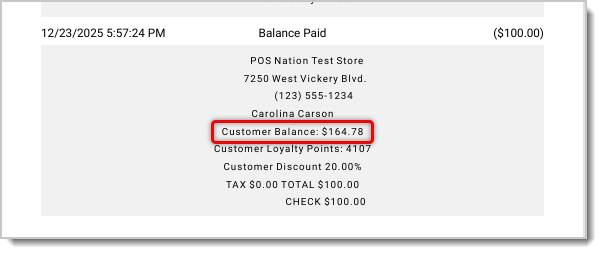Example of an invoice from the In-Store Charge Report. The customer balance is highlighted.