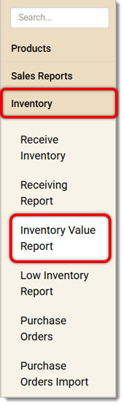 Image of the left-hand panel, with Inventory and Inventory Value Report highlighted.