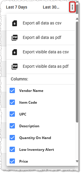 Image showing export and column visibility options for the Receiving Report in the POS Back End.