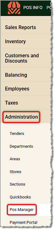 Image showing the POS Manager link in the Administration menu of the system's back end.