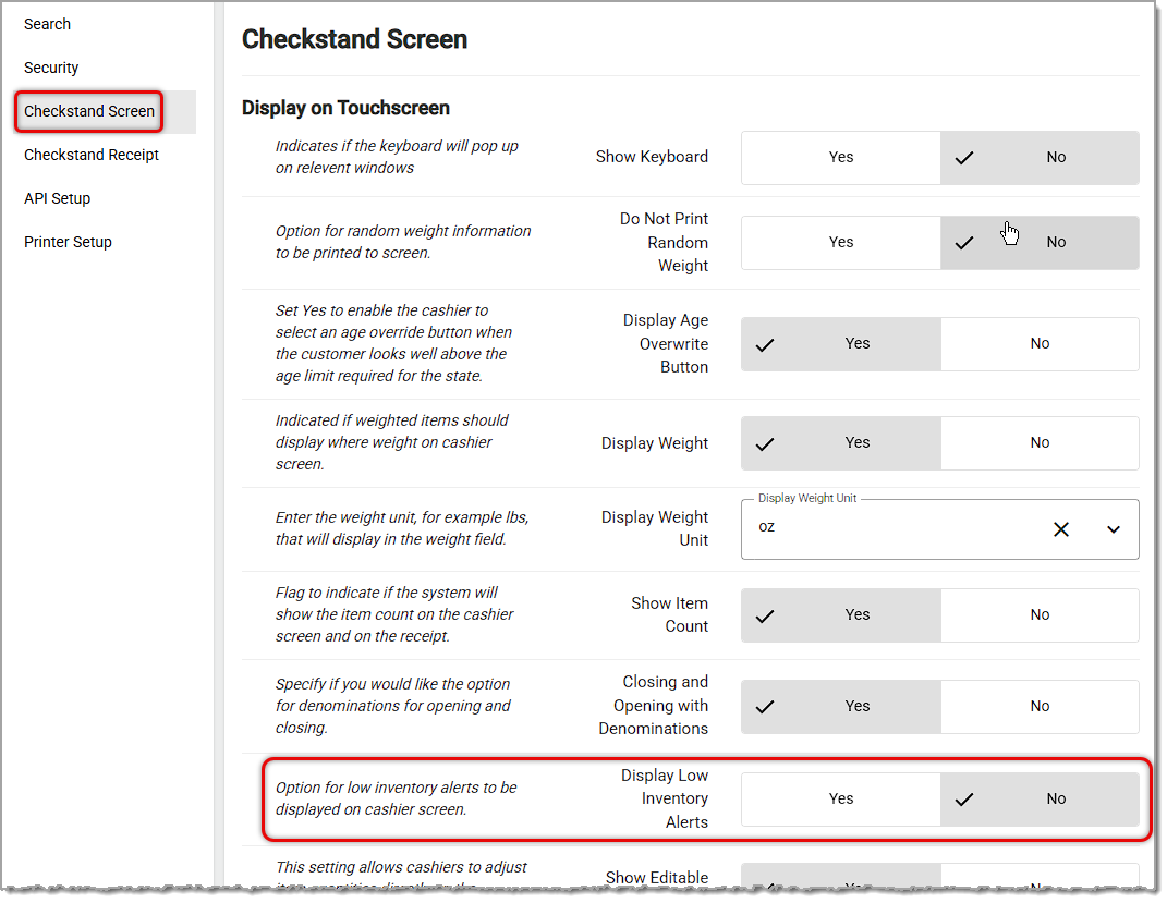 Image showing the Display Low Inventory Alerts setting on the Checkstand Screen tab of the POS Manager in the Administration menu of the system's back end.