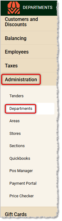 Image showing the Departments link in the Administration menu of the  POS Back End.