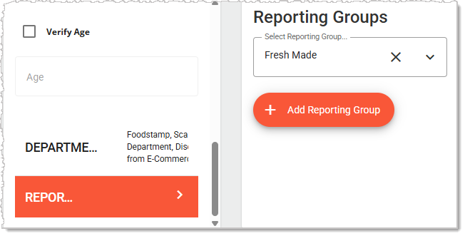 Image showing the Reporting Groups tab and settings in the Departments page of the system's Back End.