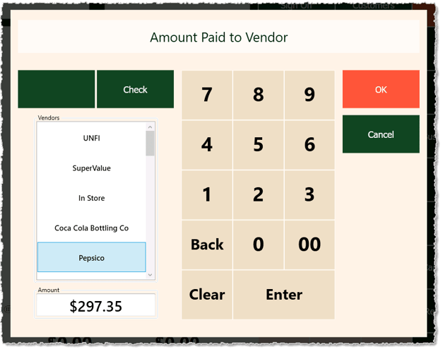 Image showing the Amount Paid to Vendor window of the Markt POS Front End.