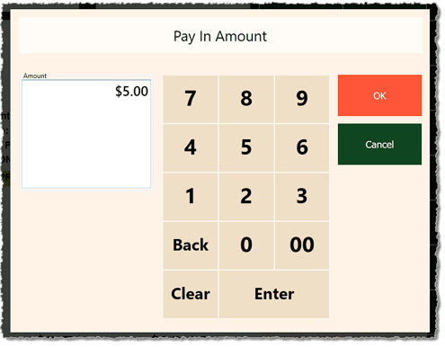 Image showing the Pay In Amount window of the Markt POS Front End.