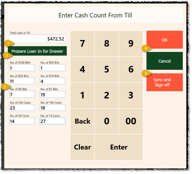 Image showing the cash drawer count window of the Markt POS Front End.