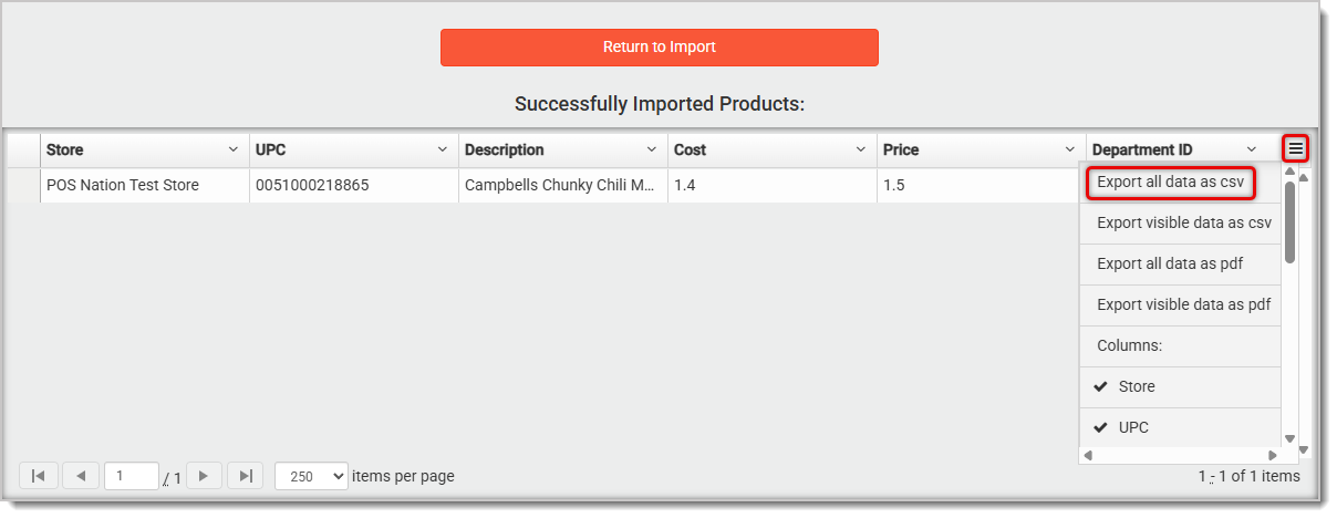 Image showing successfully uploaded product data and export options in the Markt POS Back End.