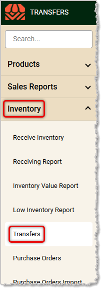 Image showing the IT Retail main menu with the Inventory and Transfers items highlighted.