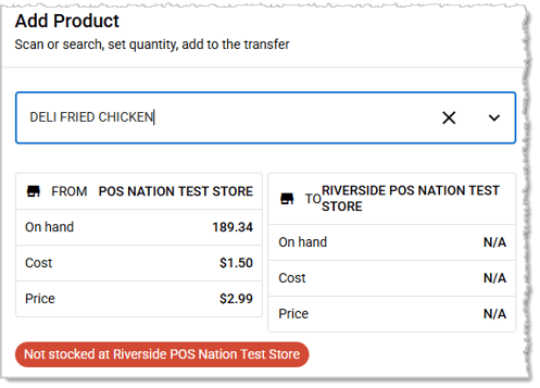 Image showing an item not eligible for Transfer on the Create Transfer page of the IT Retail Back End.
