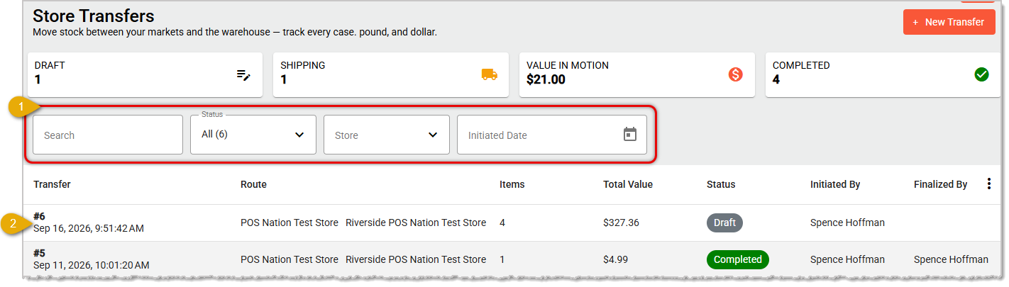 Image showing how to find and open a Transfer in Draft status on the Transfers page of the IT Retail Back End.