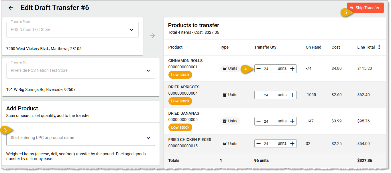 Image showing options for a Transfer Draft prior to Shipping on the Edit Draft Transfer page of the IT Retail Back End.