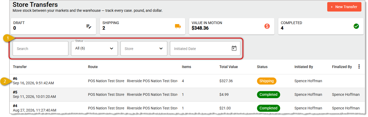 Image showing how to find and open a Transfer in Shipping status on the Transfers page of the IT Retail Back End.