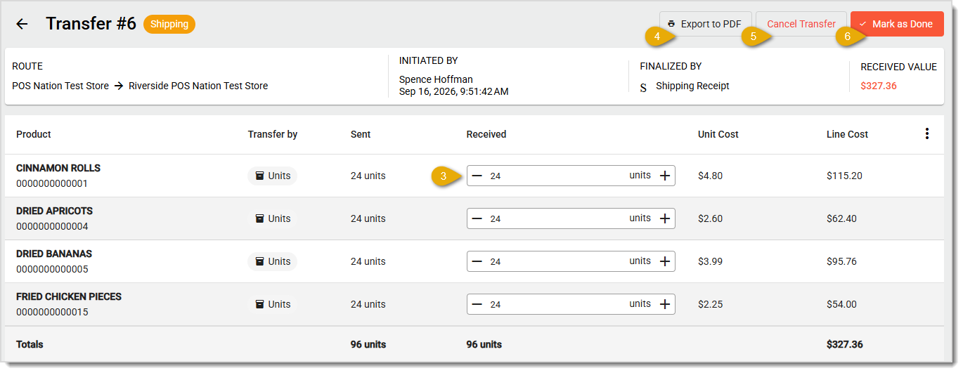 Image showing options for completing a Transfer in Shipping status on the Transfer page of the IT Retail Back End.