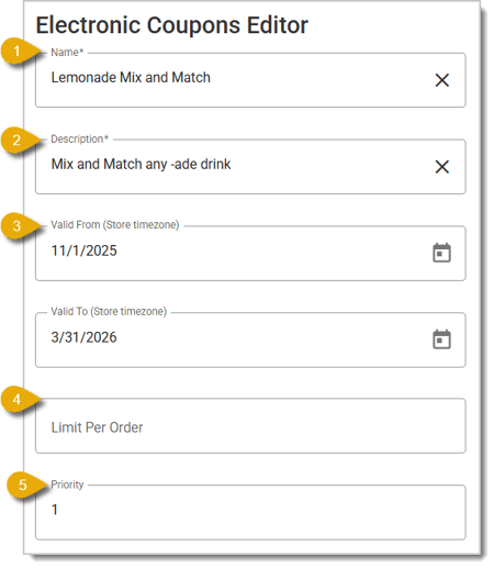 Image of the Electronic Coupons Editor. Numbers highlight different functions in the editor.