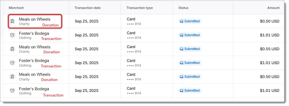 Image showing the Payment Portal round up donation events for Meals on Wheels.