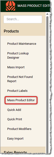 Image showing how to get to the Mass Product Editor tool in the Products menu of the Markt POS Back End.