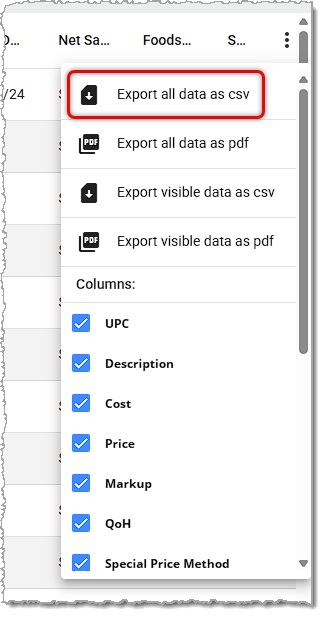 Image showing the Action Menu of the Mass Product Editor in the system's Back End.