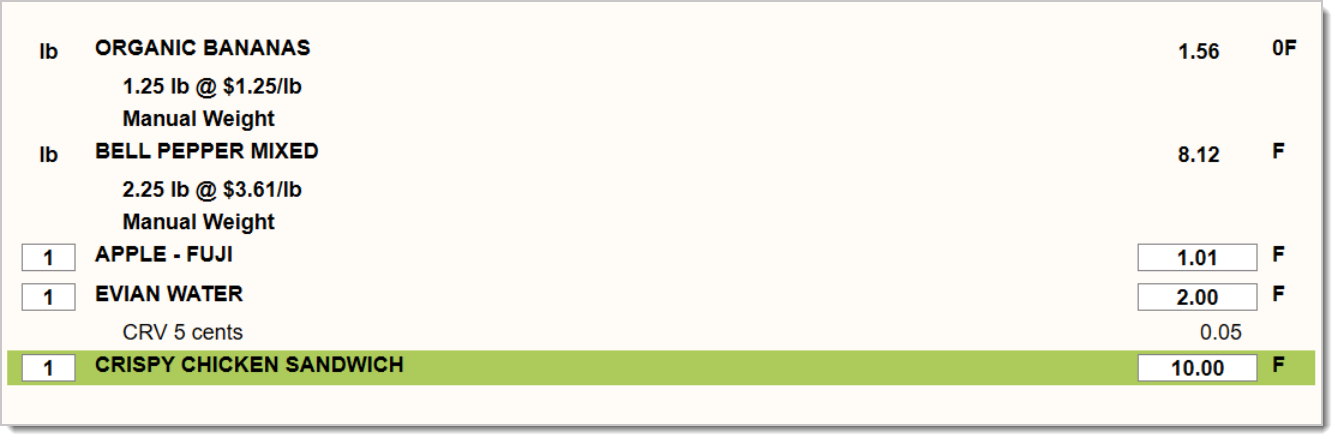 Image showing an item added to a transaction with a new price in the Front End.