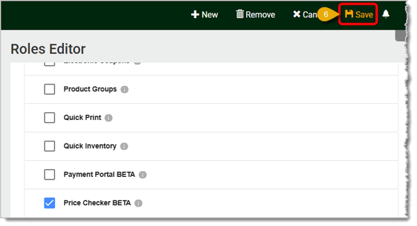 Image of the Save button highlighted in the Roles Editor.