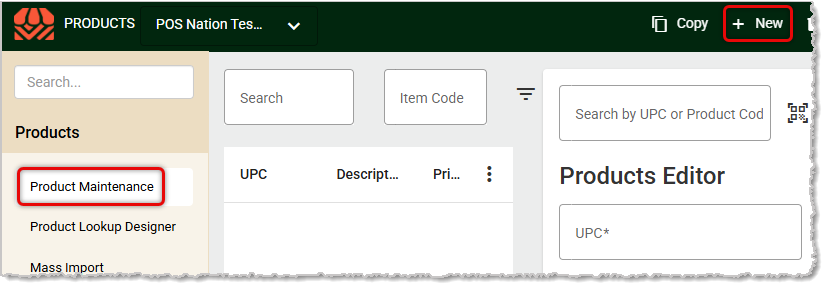Image showing the Product Maintenance page in the Products menu of the system Back End.