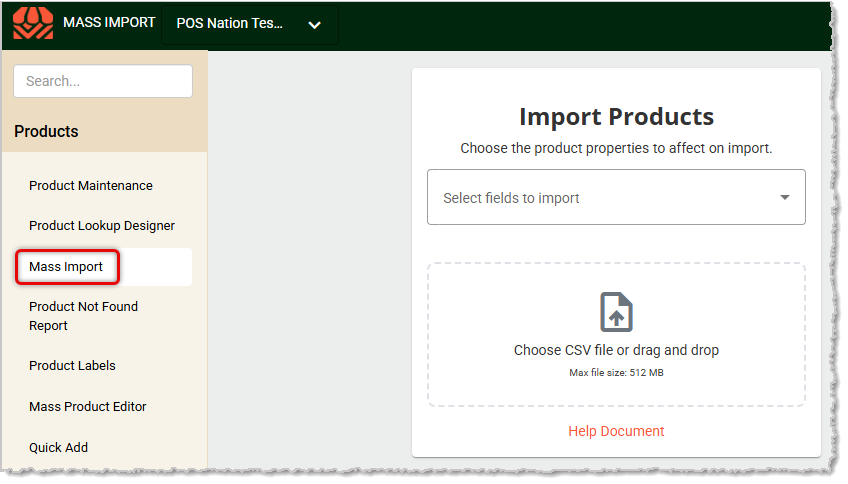 Image showing the Mass Import tool in the Products menu of the system Back End.