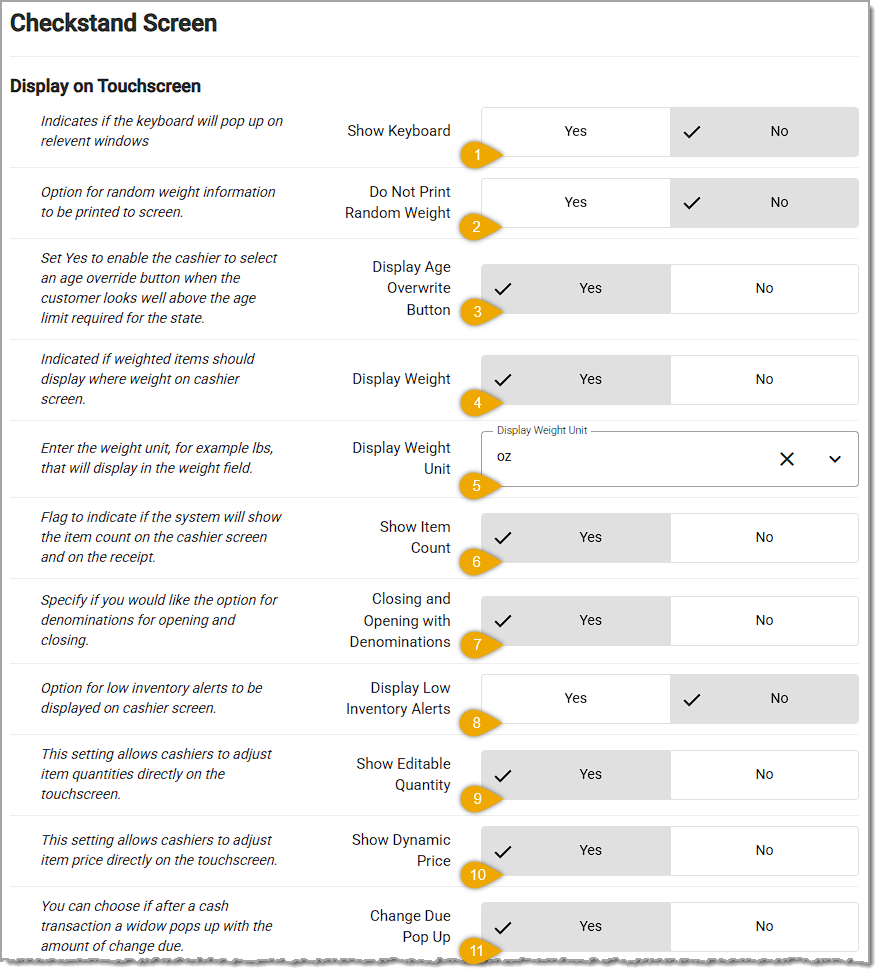 Image showing the Display on Touchscreen section of the POS Manager Checkstand Screen page in the Administration menu of the system's back end.