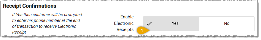 Image showing the Receipt Confirmations section of the POS Manager Checkstand Screen page in the Administration menu of the system's back end.