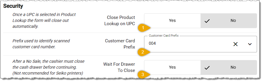 Image showing the Security section of the POS Manager Checkstand Screen page in the Administration menu of the system's back end.