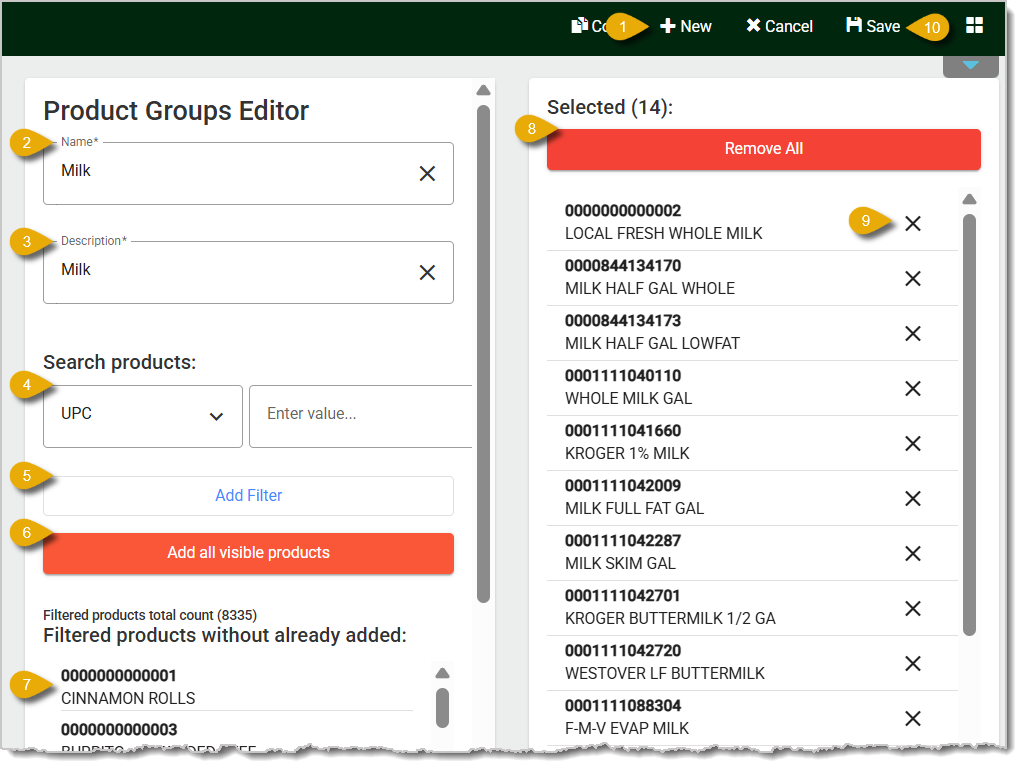 Image showing the Product Groups Editor. Numbers 1 through 10 highlight functions on this page.
