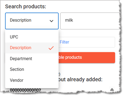 Image of the Search products field. The drop-list is opened.