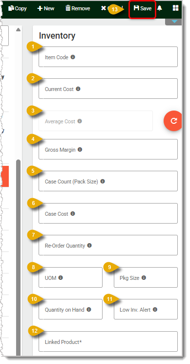 Image of the Product Inventory Fields.