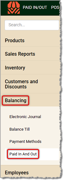 Image showing the Paid In And Out link in the Balancing menu of the system's back end.