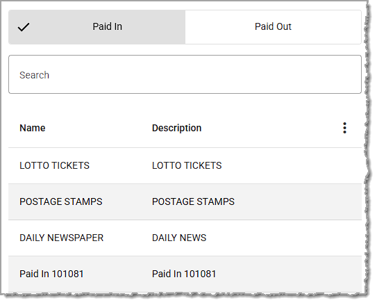 Image showing the Paid In tab of the Paid In and Out page in the Balancing menu of the system's back end.