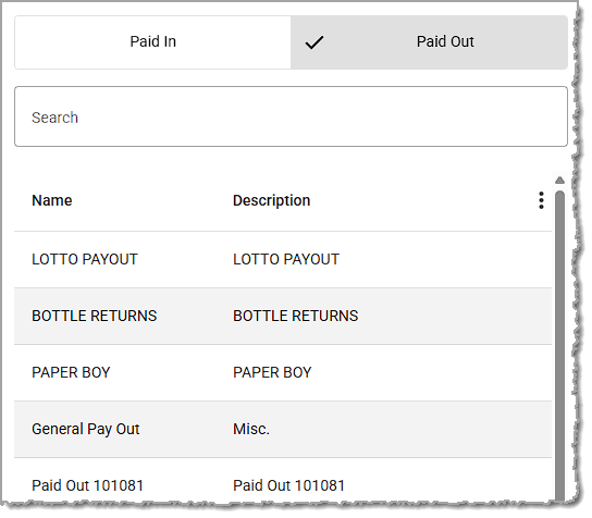Image showing the Paid Out tab of the Paid In and Out page in the Balancing menu of the system's back end.