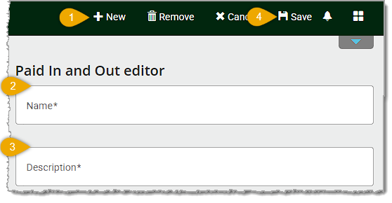 Image showing the steps to create a new Paid In or Paid Out item in the system's back end.