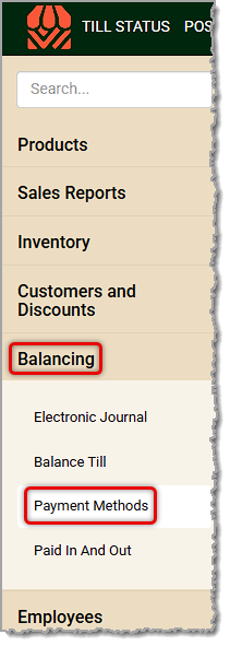 Image showing the Payment Methods link in the Balancing menu of the system's back end.