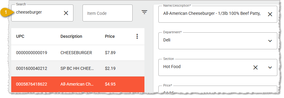 Image showing the Search area of the Product Maintenance page of the Back End.