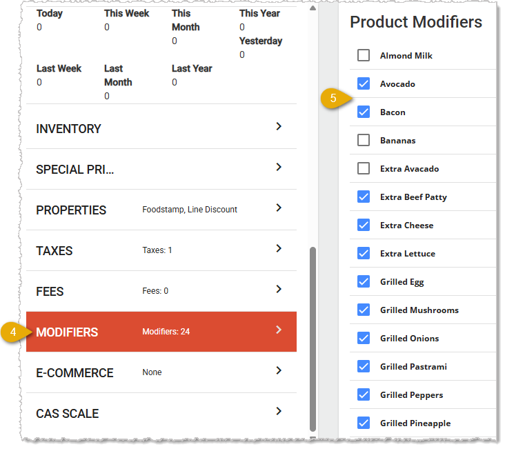 Image showing the Product Modifiers tab of the Product Maintenance page of the Back End.