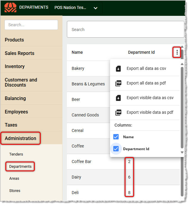 Image showing how to view Department IDs in the Administration area of the system’s Back End.