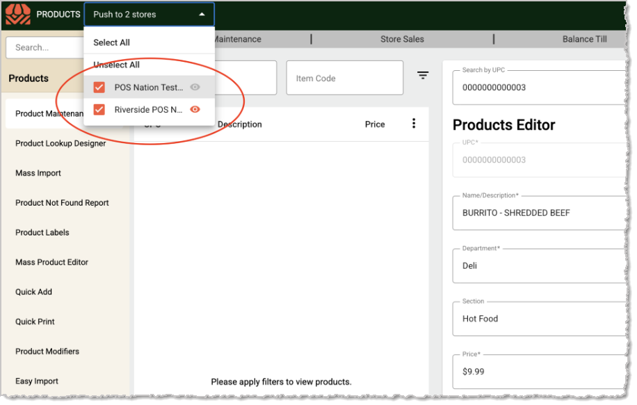 Image showing multiple-store selection at the top of the IT Retail system.