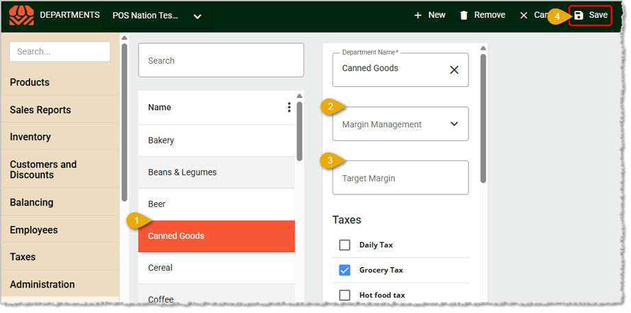 Image showing how to configure a Department for Margin Management in the  system's Back End.