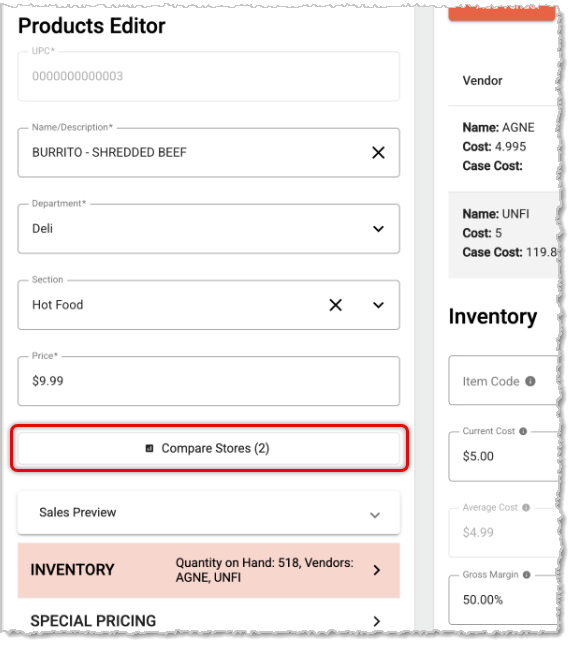 Image showing the Compare Stores button on the Product Maintenance page for a product being edited for multiple stores in the IT Retail system.