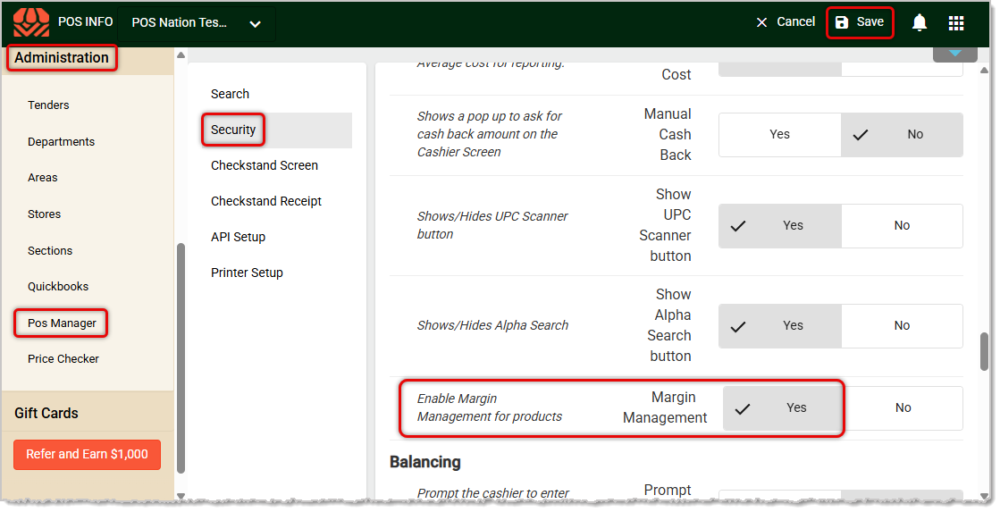 Image showing the Enable Margin Management setting in the POS Manager Security tab of the  system Back End.