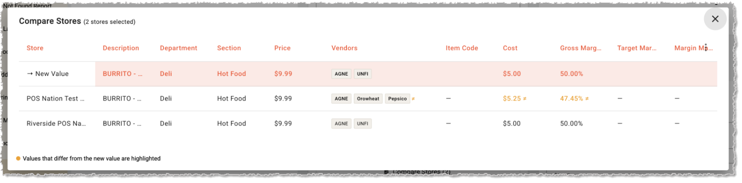 Image showing the Compare Stores window on the Product Maintenance page for a product being edited for multiple stores in the IT Retail system.
