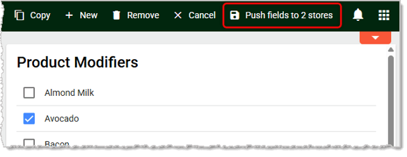 Image showing the save button for pushing product changes on the Product Maintenance page to multiple selected stores in the IT Retail system.