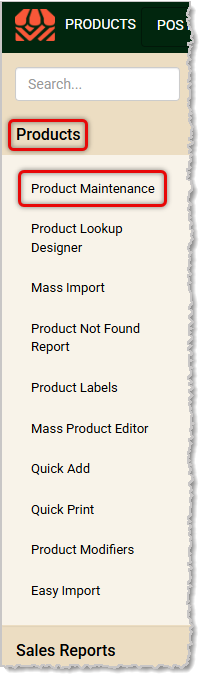 Image showing the Product Maintenance link in the Products menu of the  system's Back End.