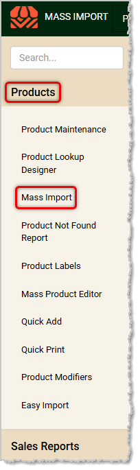 Image showing the Mass Import link in the Products menu of the  system's Back End.