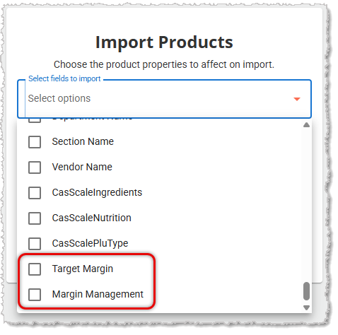 Image showing the import fields for Margin Management in the Mass Import page of the  system's Back End.