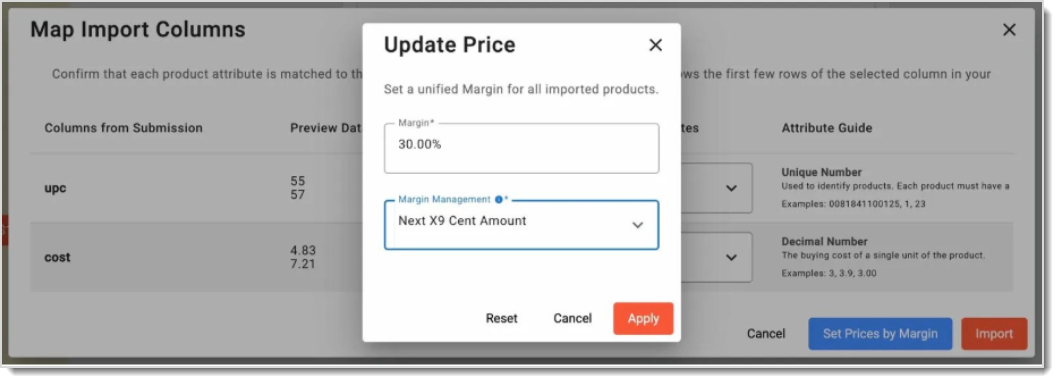 Image showing the Update Price window in the Map Import Columns step of Mass Import in the  system's Back End.