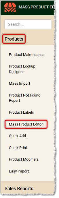 Image showing the Mass Product Editor link in the Products menu of the  system's Back End.